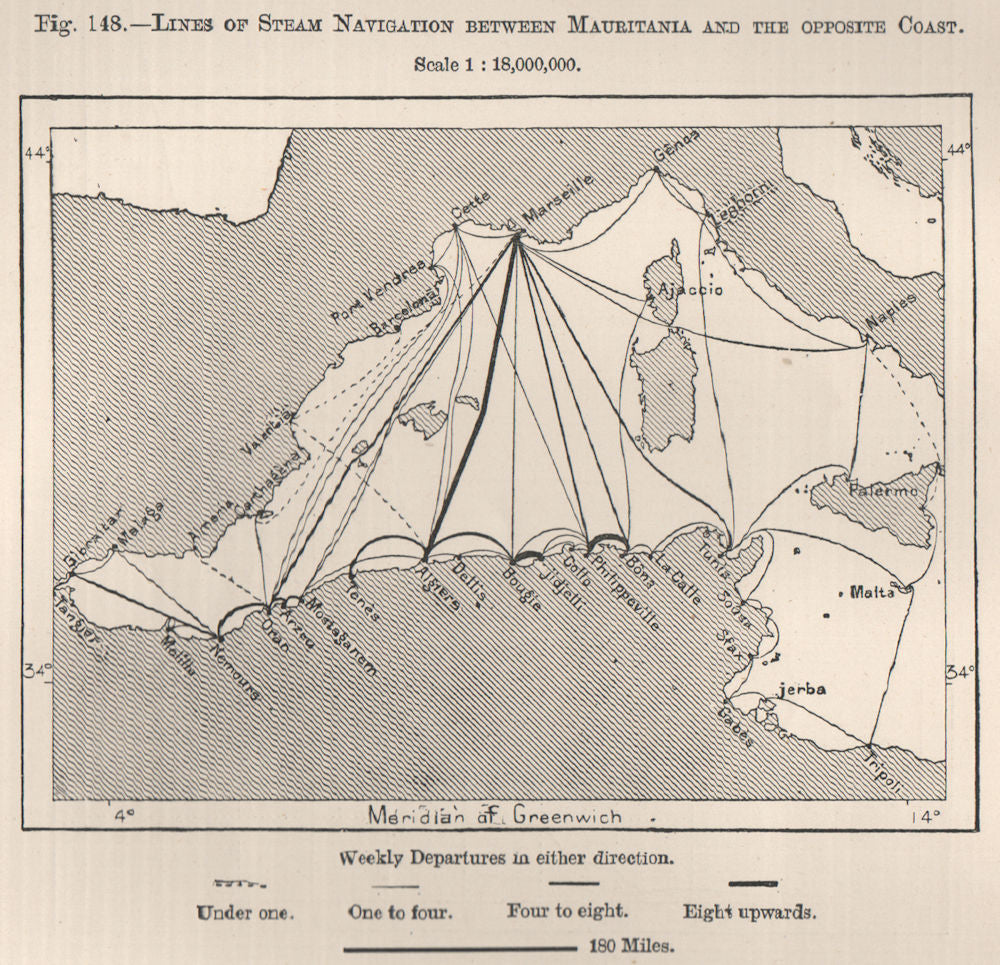 Steam navigation lines from North Africa to Europe. Mediterranean 1885 old map
